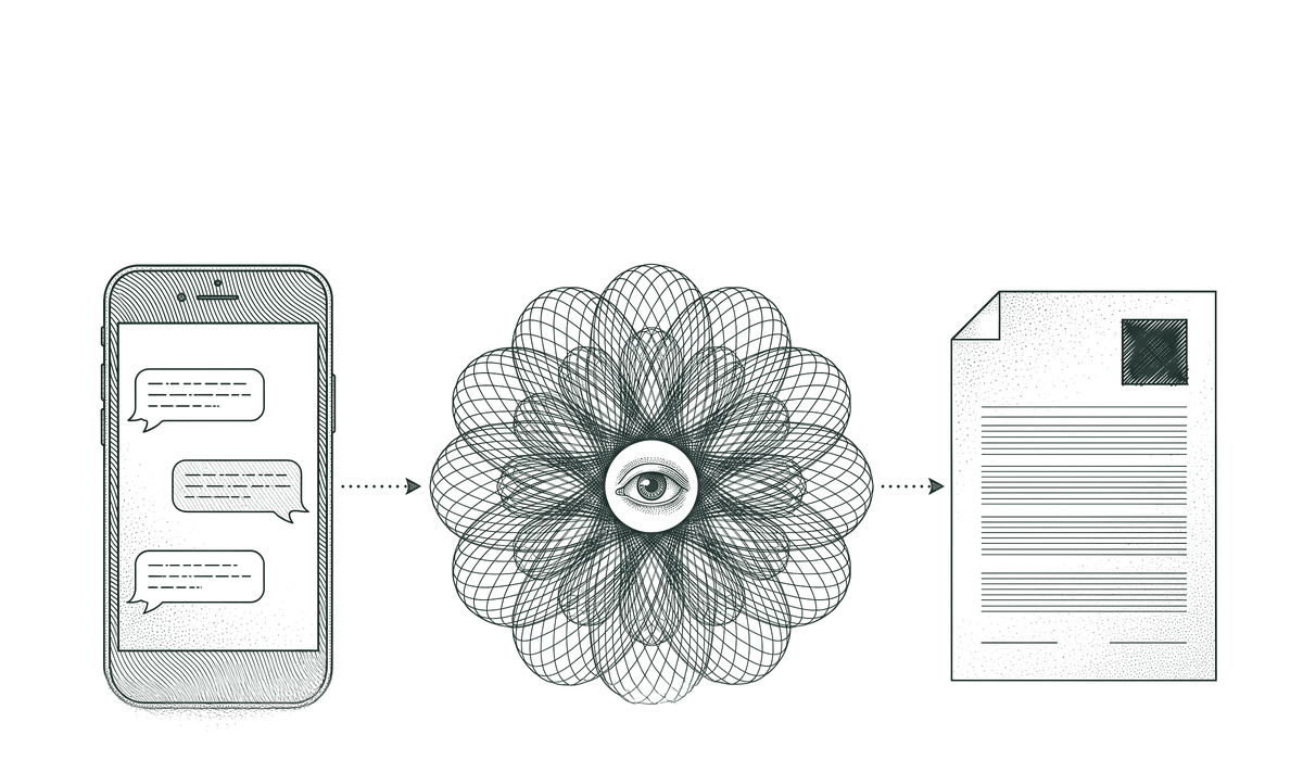 An engraved diagram in the note's ink: a phone with a message coming in, a machine-turned rosette with an eye at its centre for the agent, and a stamped sheet, the finished plan, joined by dotted lines.