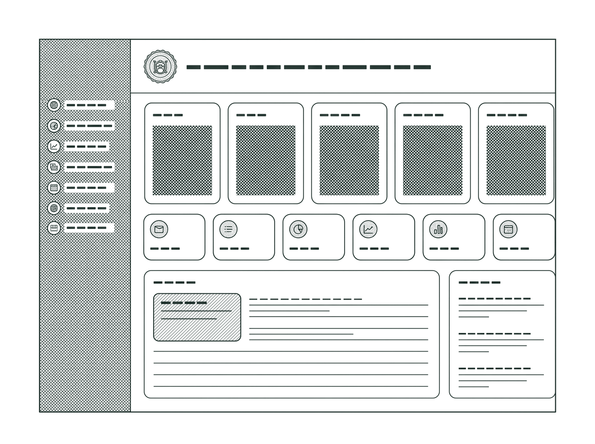 An engraved plate of an application screen: a sidebar, five statistic tiles, six section tiles and a notes panel, drawn in the note's ink.