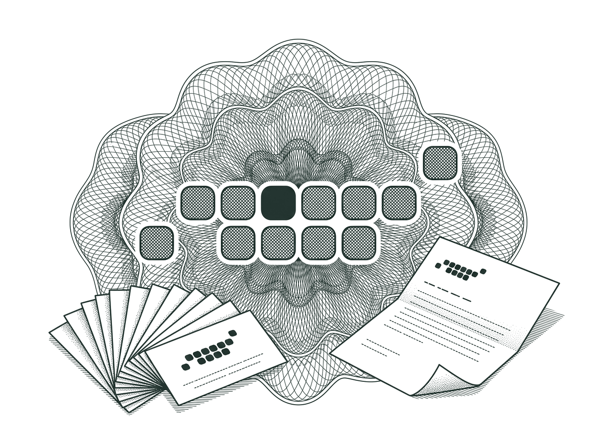 An engraved still life in the note's ink: the two64 mark, twelve cells with one solid, large in the centre over a rosette, with printed cards and a folded sheet carrying it in miniature.